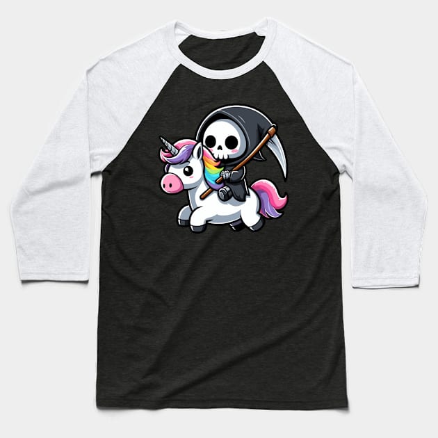 Cute Reaper Riding Unicorn Baseball T-Shirt by Kawaii N Spice